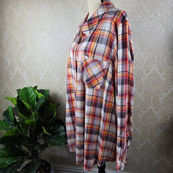 Torrid Size 4 (US 26) Multicolor Plaid Tunic Top Button Down Front Long Sleeves - Picture 7 of 13